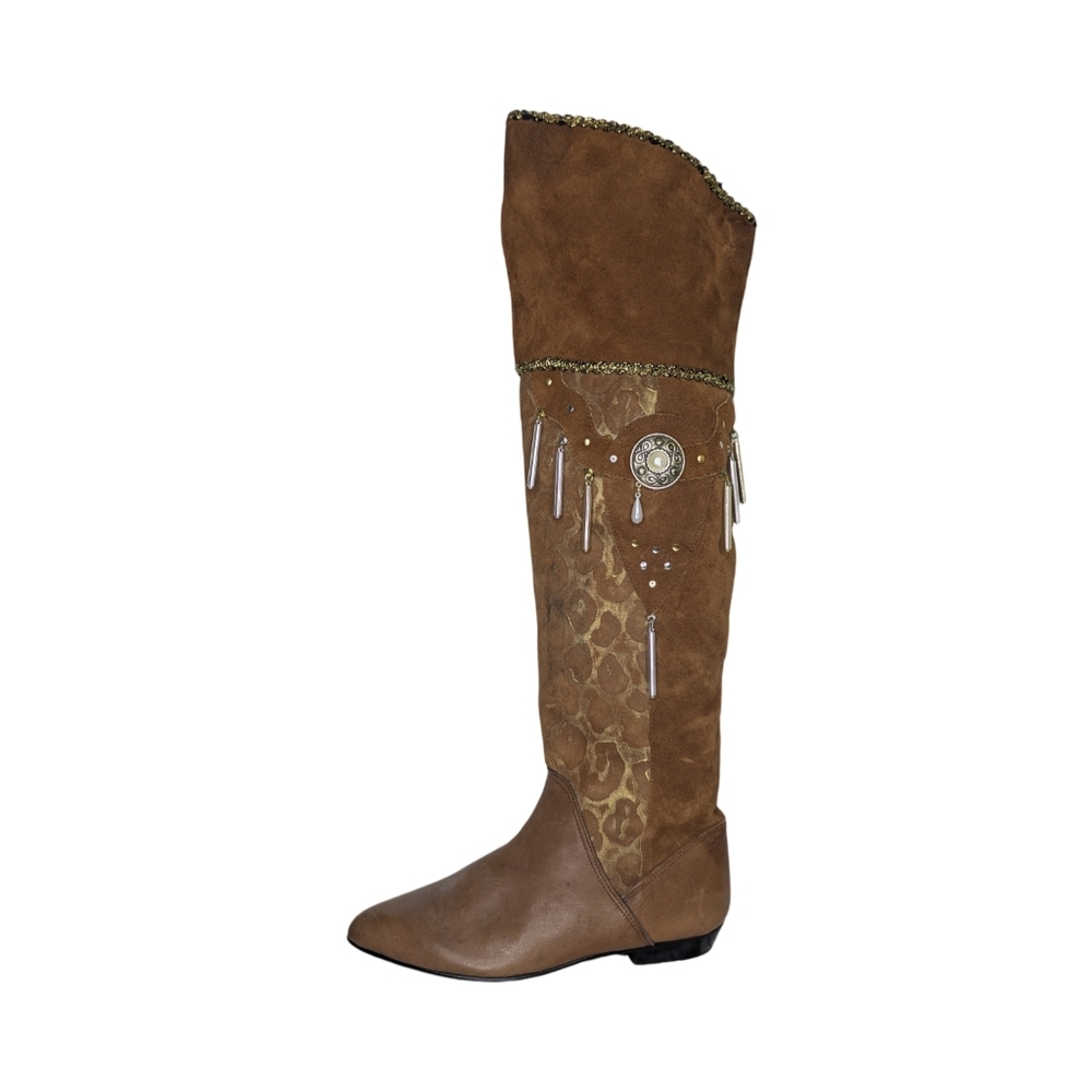 ZZAP! Over The Knee Suede Animal Print Flat Leather Brown boots w/Tassels EU 39